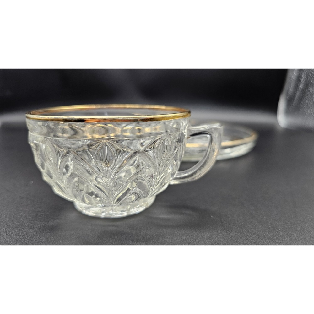 Set of 4‎ Jeannette Glass FEATHERS Clear with Gold Trim Snack Plate & Cup
